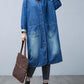 Women Casual Autumn Washed V-Neck Denim Long Coat