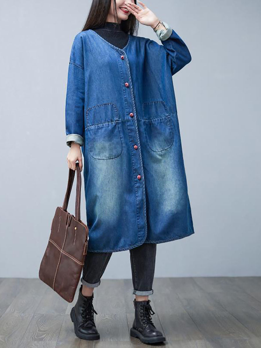 Women Casual Autumn Washed V-Neck Denim Long Coat