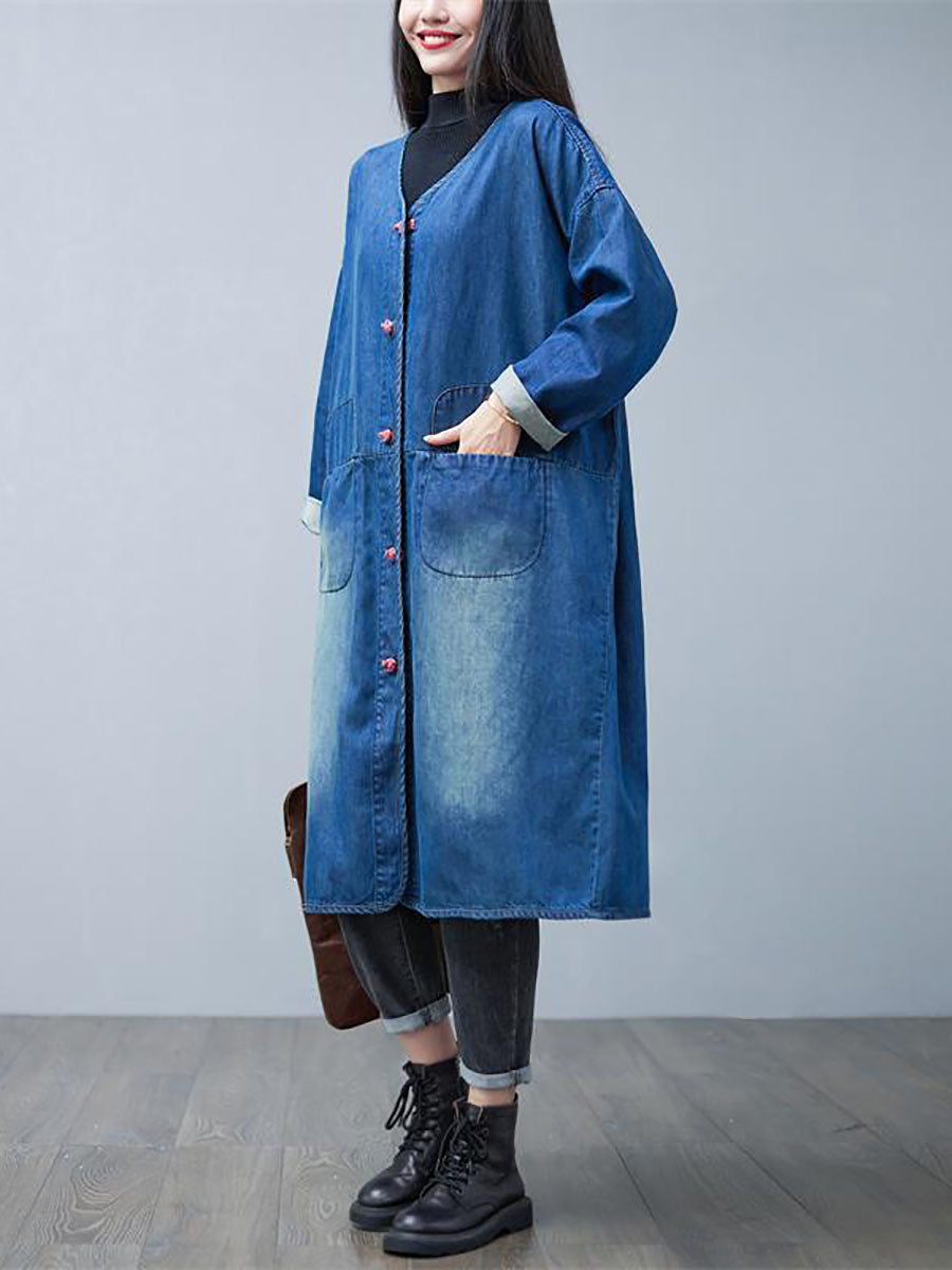 Women Casual Autumn Washed V-Neck Denim Long Coat