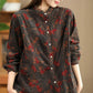 Women Retro Autumn Flower Turn-down Collar Corduroy Shirt