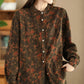 Women Retro Autumn Flower Turn-down Collar Corduroy Shirt