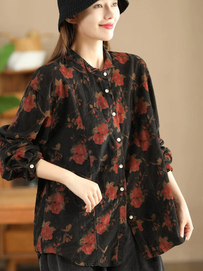 Women Retro Autumn Flower Turn-down Collar Corduroy Shirt