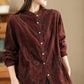 Women Retro Autumn Flower Turn-down Collar Corduroy Shirt