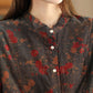 Women Retro Autumn Flower Turn-down Collar Corduroy Shirt