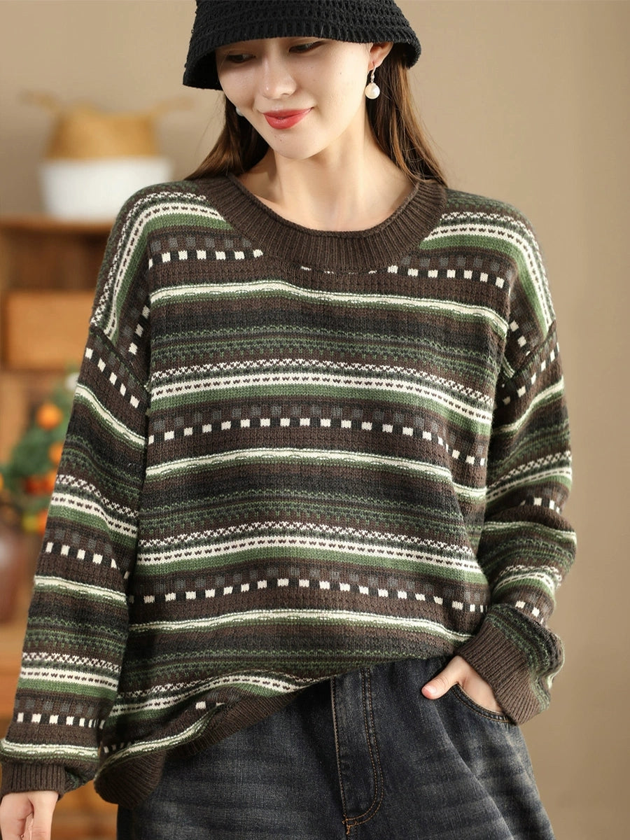 Women Casual Autumn Stripe Jacquard O-Neck Sweater