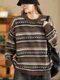 Women Casual Autumn Stripe Jacquard O-Neck Sweater