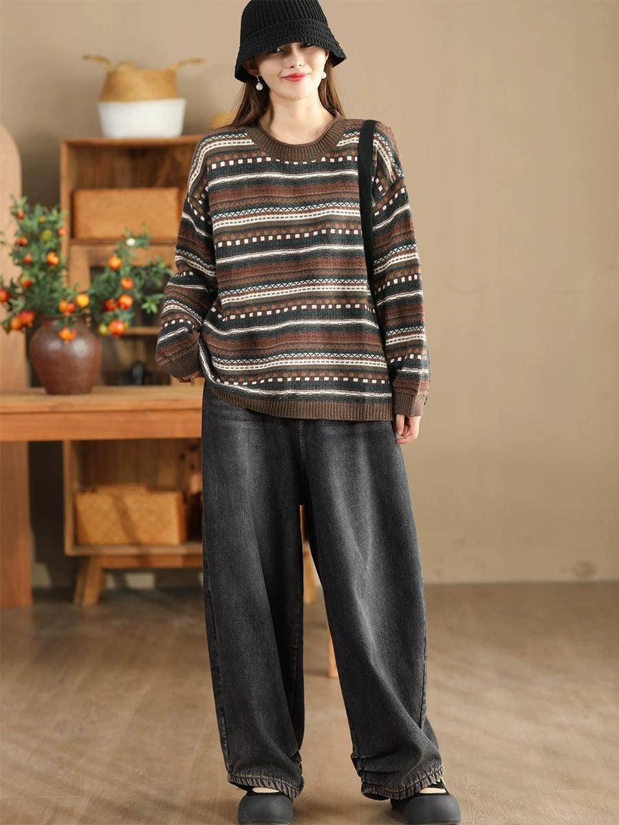 Women Casual Autumn Stripe Jacquard O-Neck Sweater