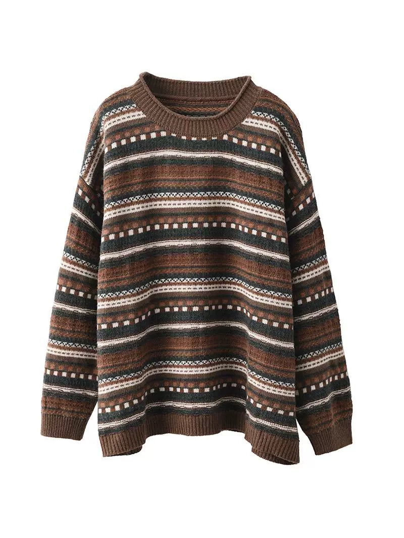 Women Casual Autumn Stripe Jacquard O-Neck Sweater