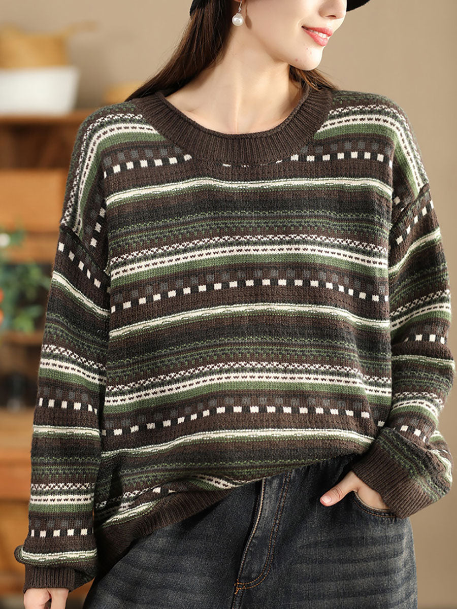 Women Casual Autumn Stripe Jacquard O-Neck Sweater