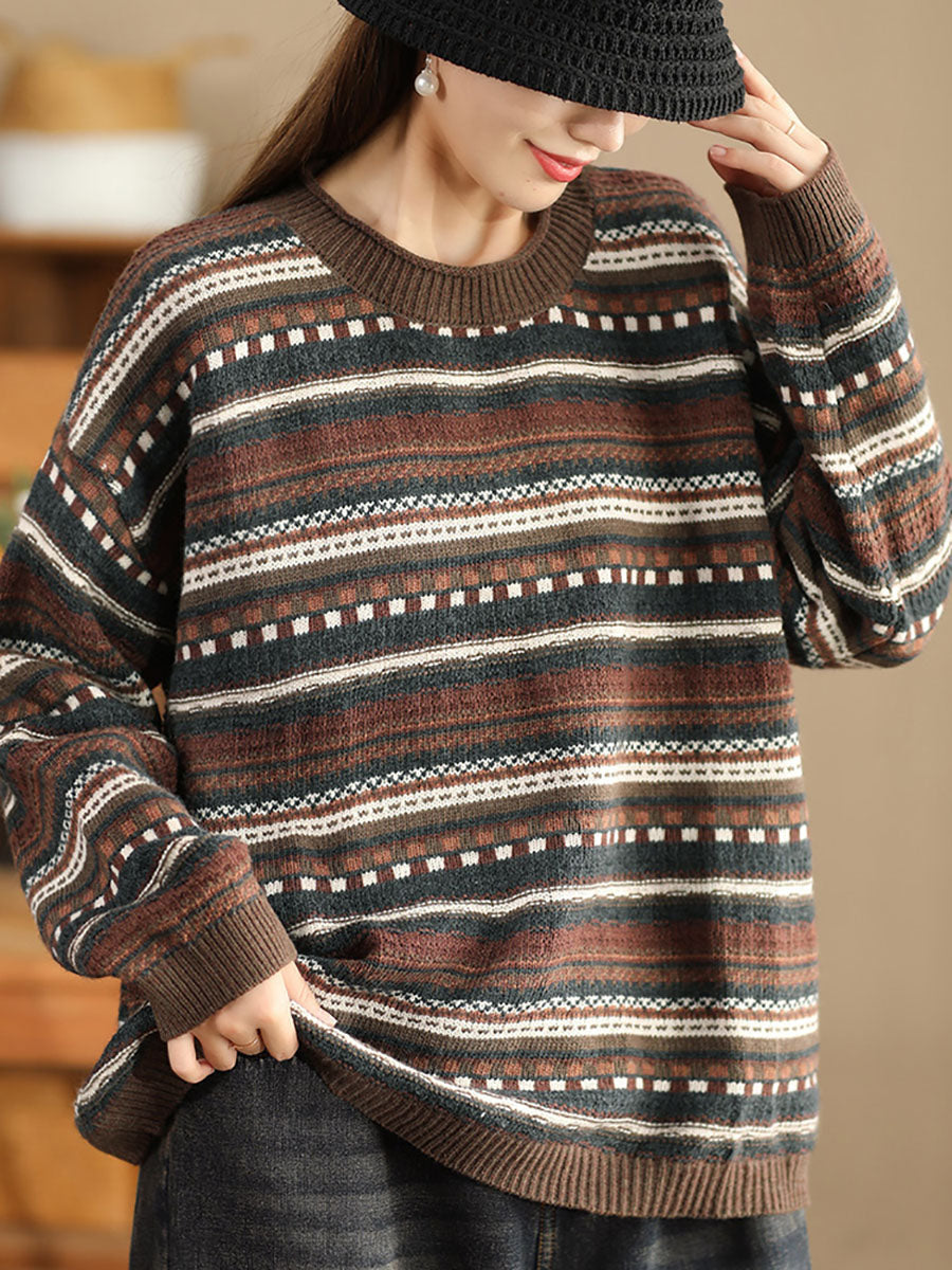 Women Casual Autumn Stripe Jacquard O-Neck Sweater