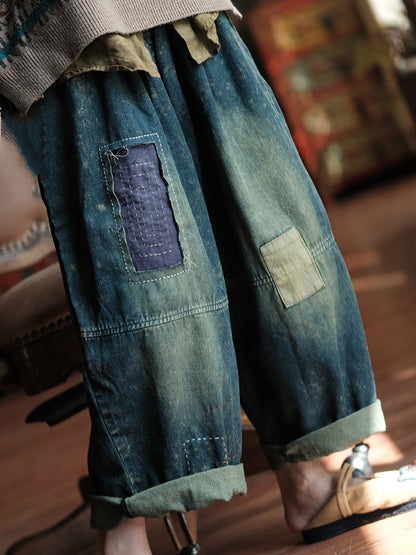 Women Autumn Retro Patch Spliced Denim Wide-leg Pants