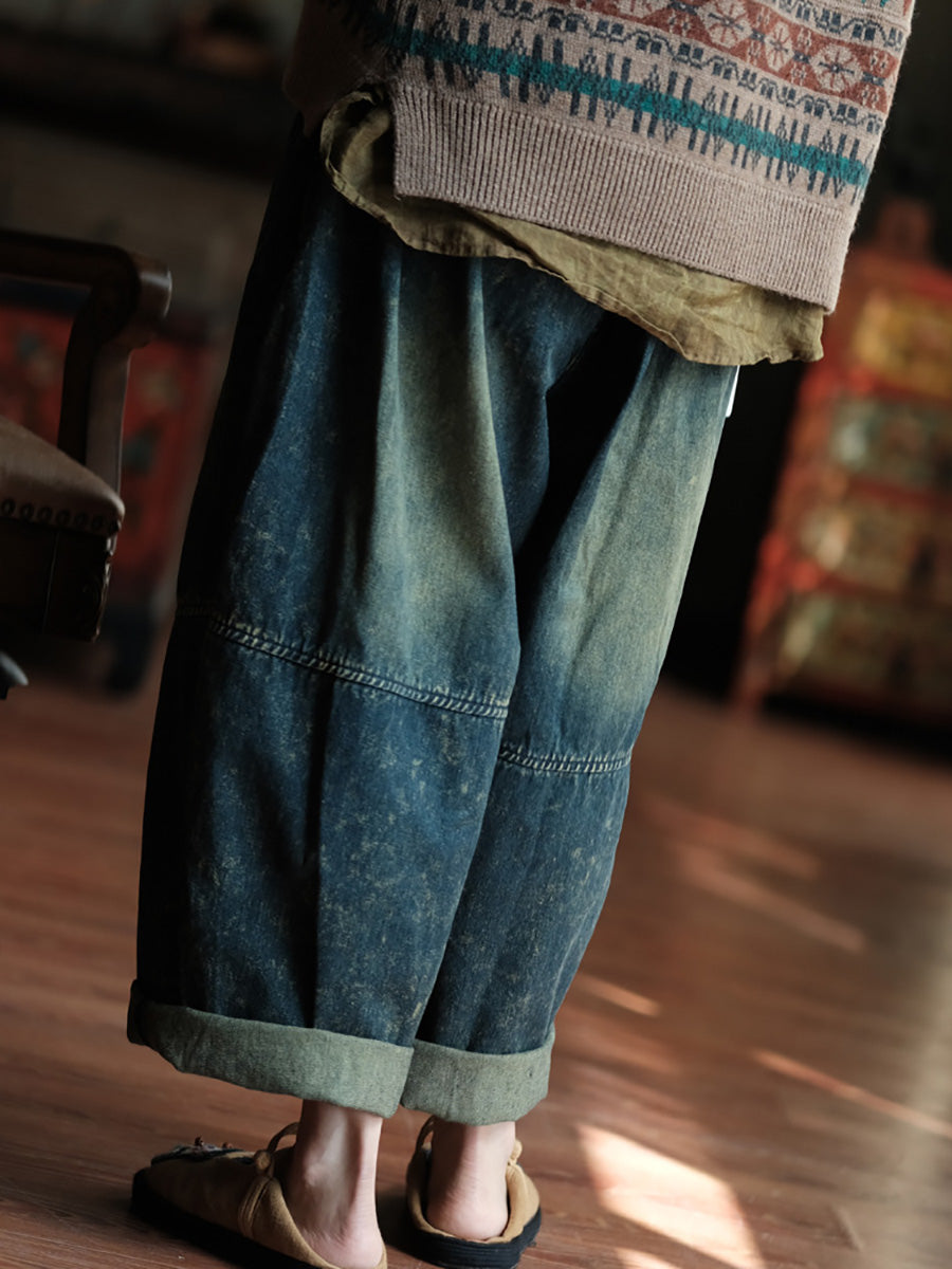 Women Autumn Retro Patch Spliced Denim Wide-leg Pants