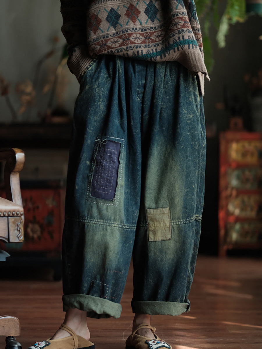 Women Autumn Retro Patch Spliced Denim Wide-leg Pants