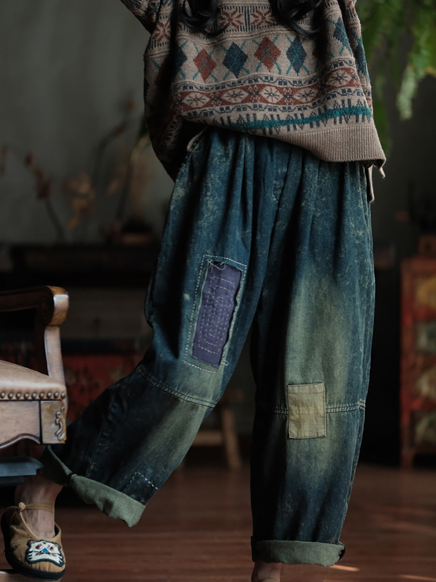 Women Autumn Retro Patch Spliced Denim Wide-leg Pants