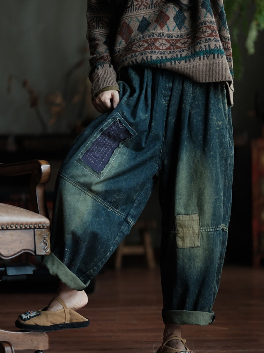 Women Autumn Retro Patch Spliced Denim Wide-leg Pants