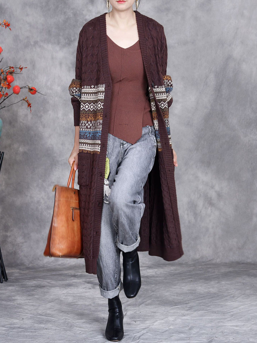 Women Autumn Artsy Flower Jacquard Knitted V-Neck Cardigan Coat