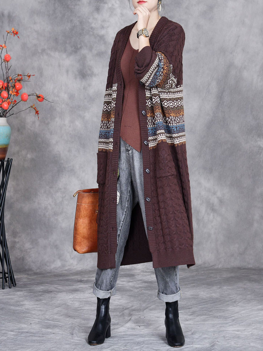 Women Autumn Artsy Flower Jacquard Knitted V-Neck Cardigan Coat