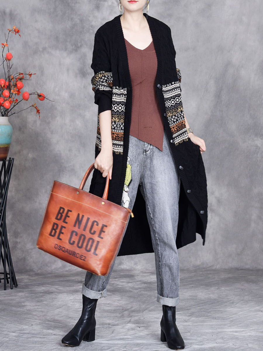 Women Autumn Artsy Flower Jacquard Knitted V-Neck Cardigan Coat