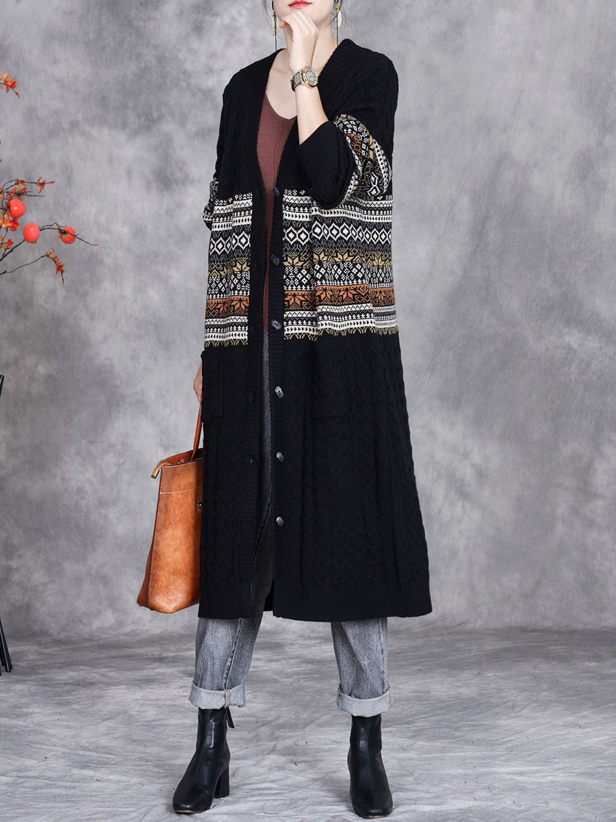 Women Autumn Artsy Flower Jacquard Knitted V-Neck Cardigan Coat