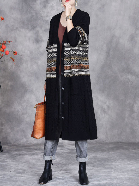 Women Autumn Artsy Flower Jacquard Knitted V-Neck Cardigan Coat