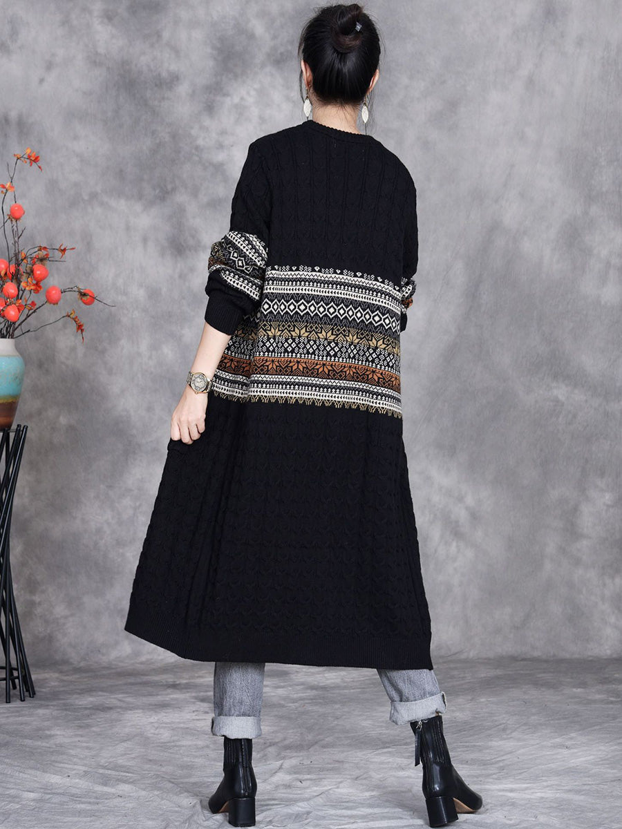 Women Autumn Artsy Flower Jacquard Knitted V-Neck Cardigan Coat