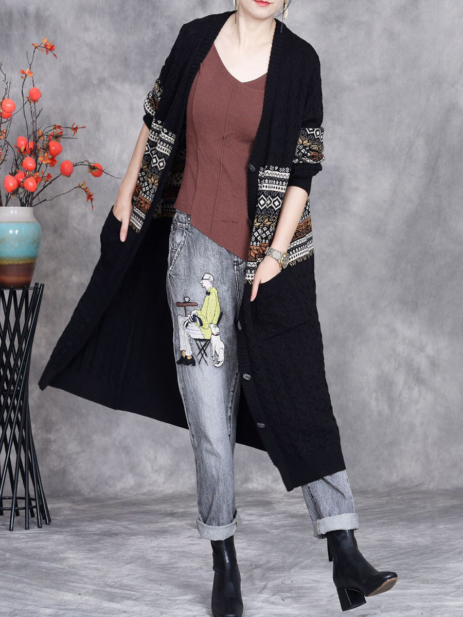 Women Autumn Artsy Flower Jacquard Knitted V-Neck Cardigan Coat