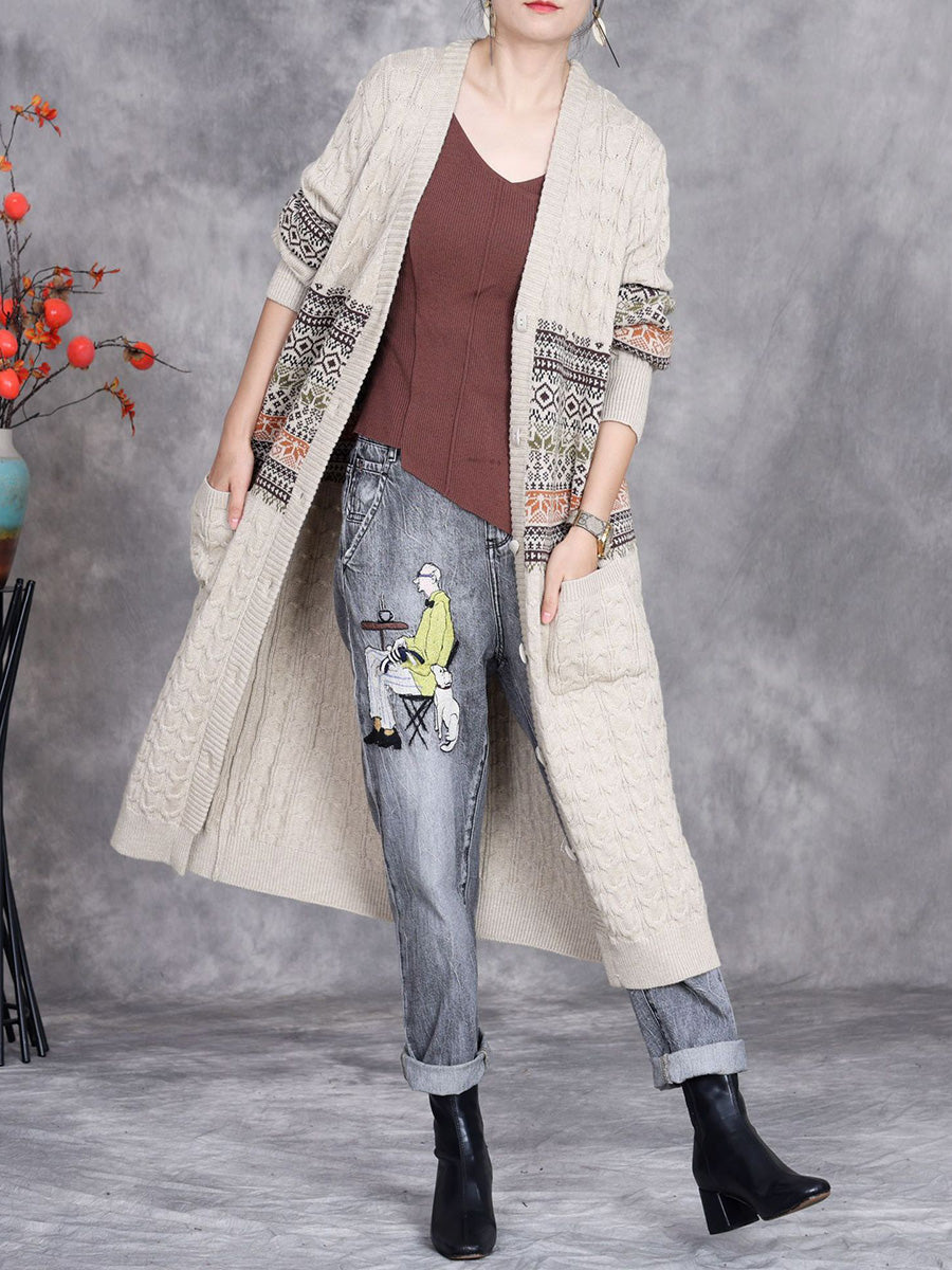 Women Autumn Artsy Flower Jacquard Knitted V-Neck Cardigan Coat