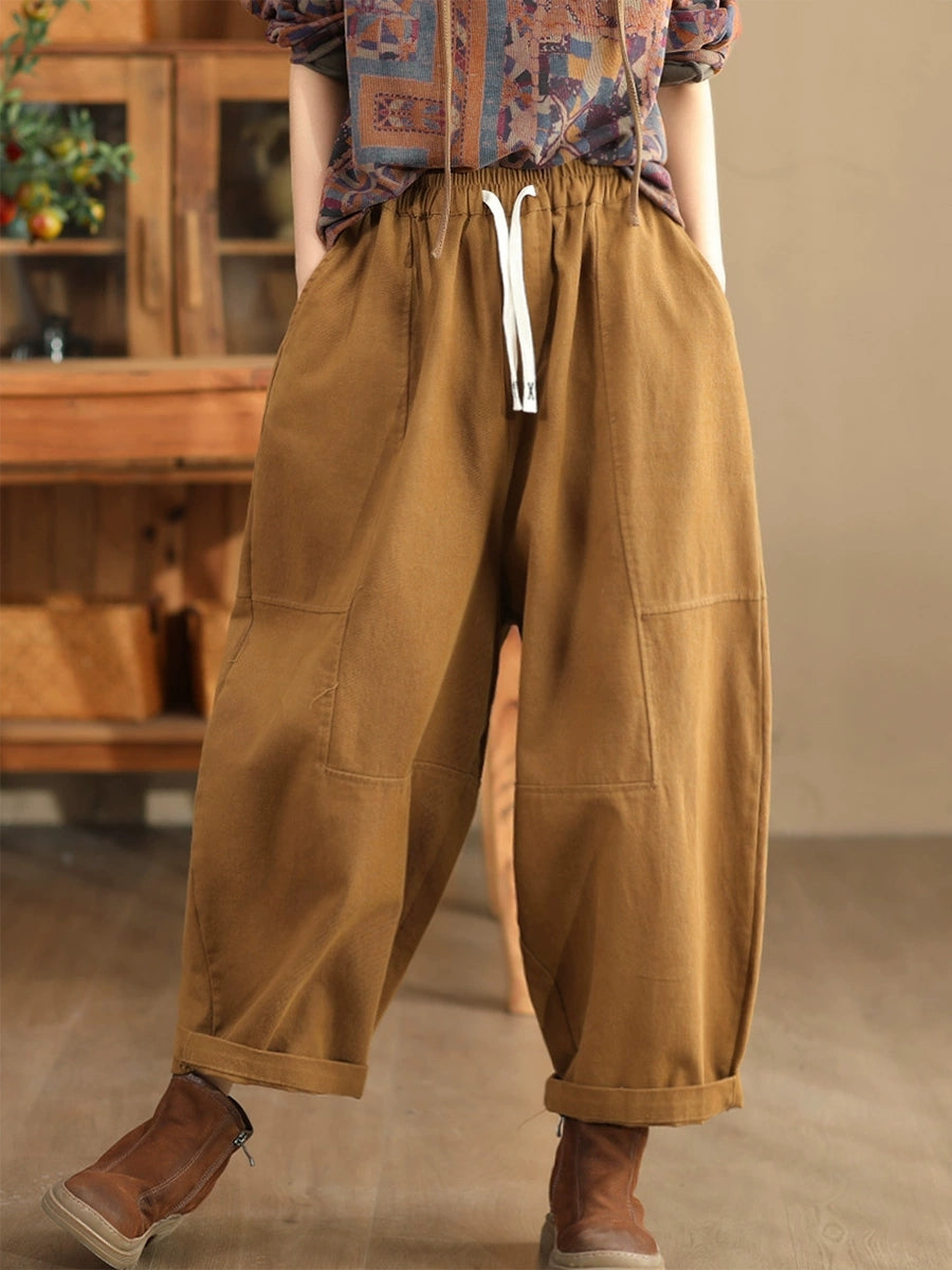 Women Autumn Retro Cotton Spliced Loose Solid Harem Pants