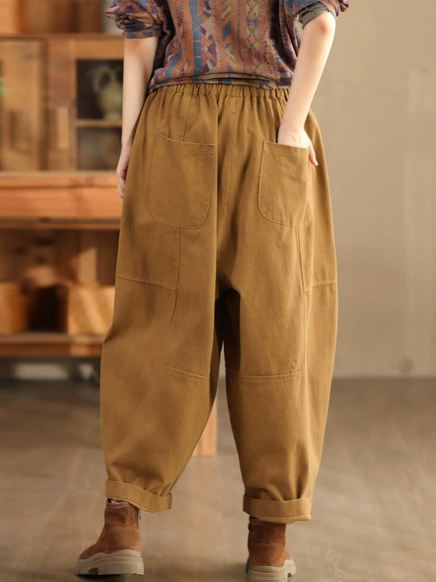 Women Autumn Retro Cotton Spliced Loose Solid Harem Pants