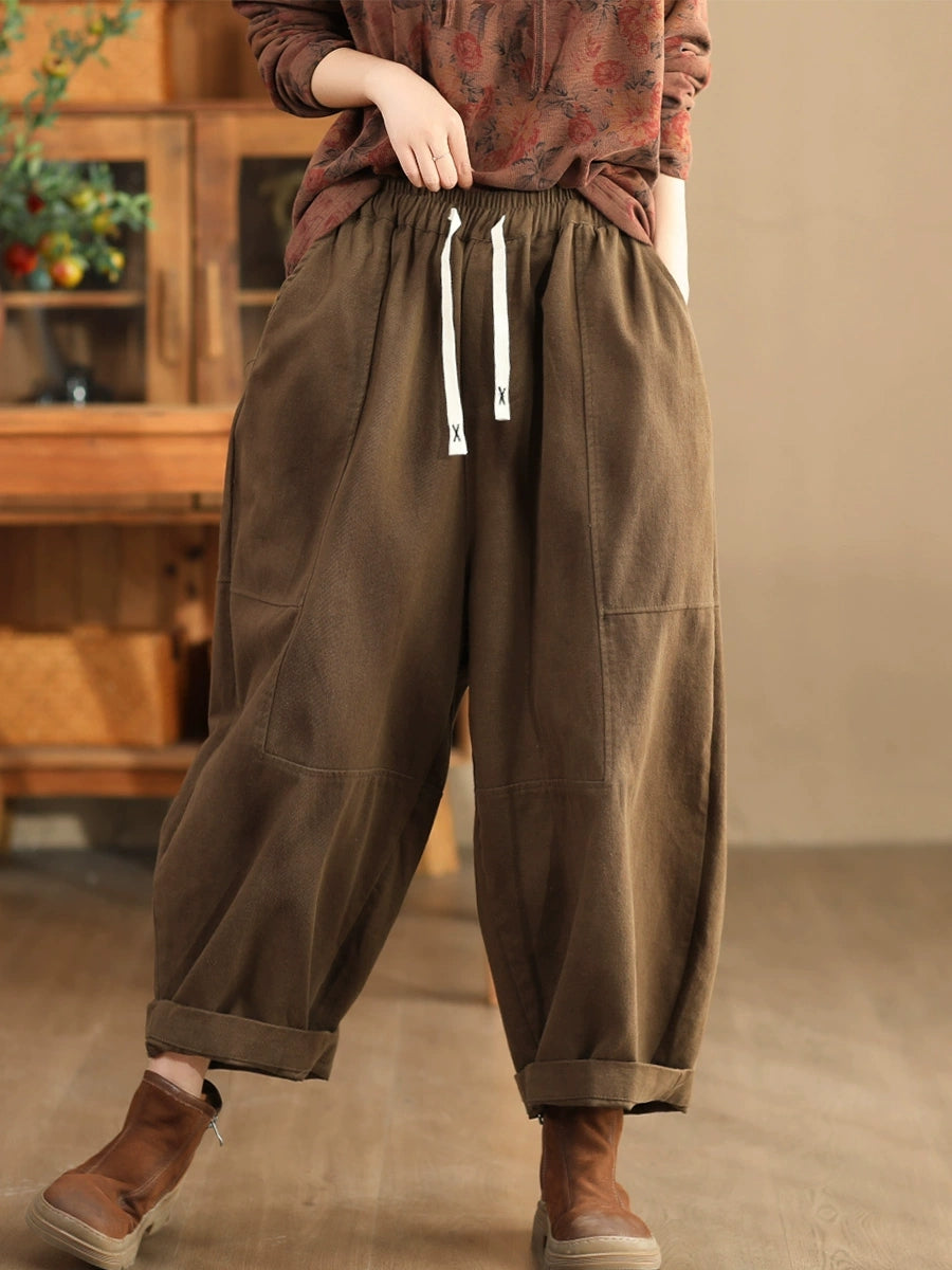 Women Autumn Retro Cotton Spliced Loose Solid Harem Pants