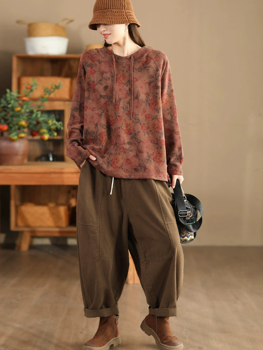 Women Autumn Retro Cotton Spliced Loose Solid Harem Pants