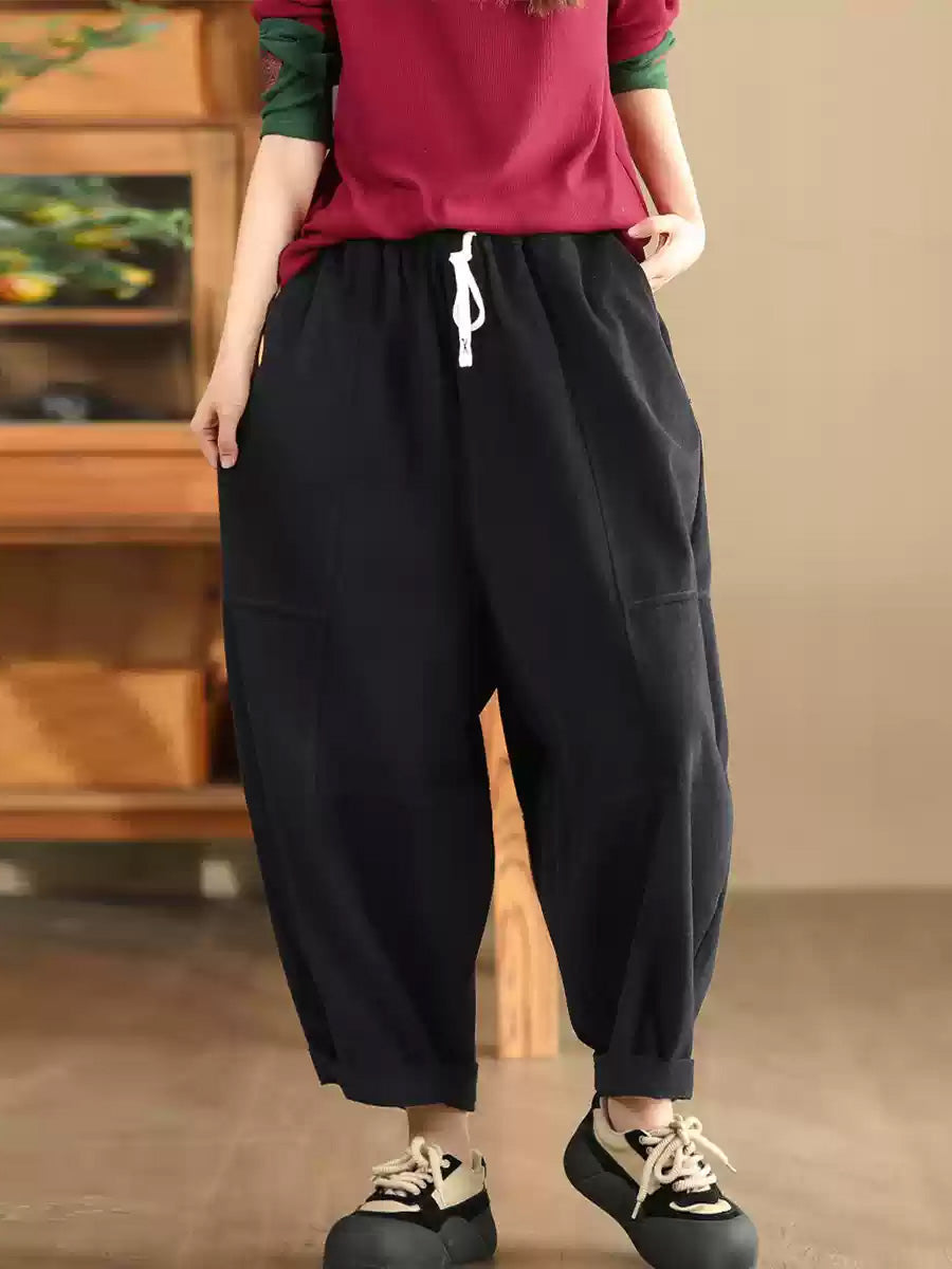 Women Autumn Retro Cotton Spliced Loose Solid Harem Pants