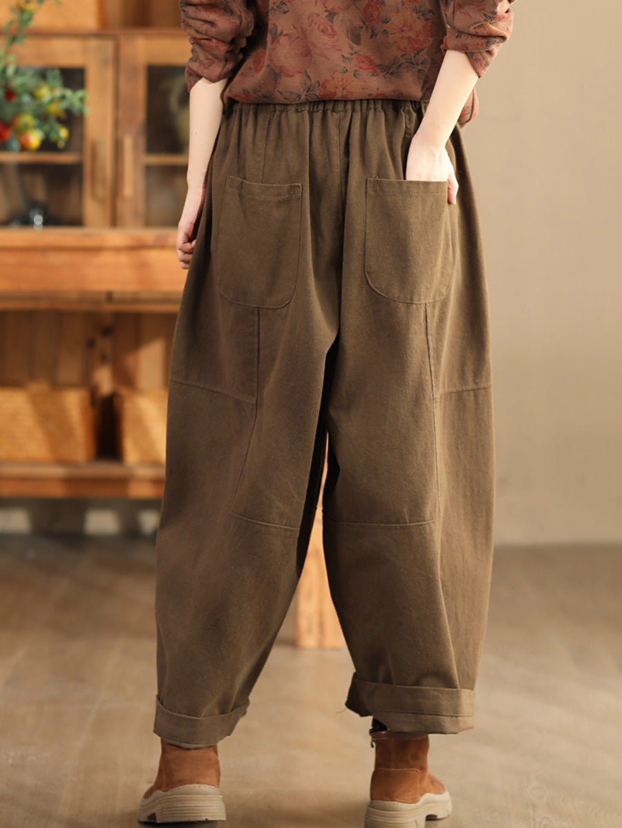 Women Autumn Retro Cotton Spliced Loose Solid Harem Pants