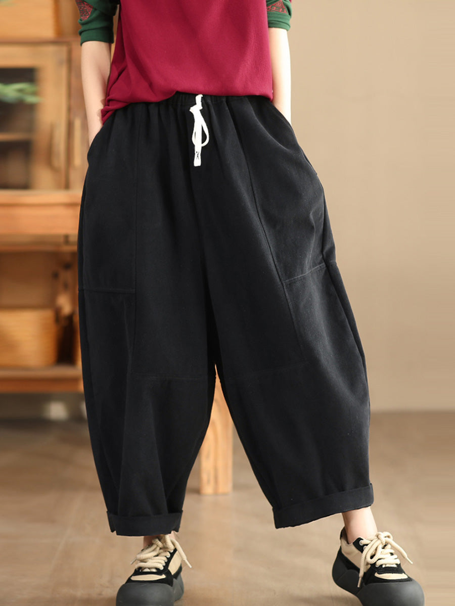 Women Autumn Retro Cotton Spliced Loose Solid Harem Pants