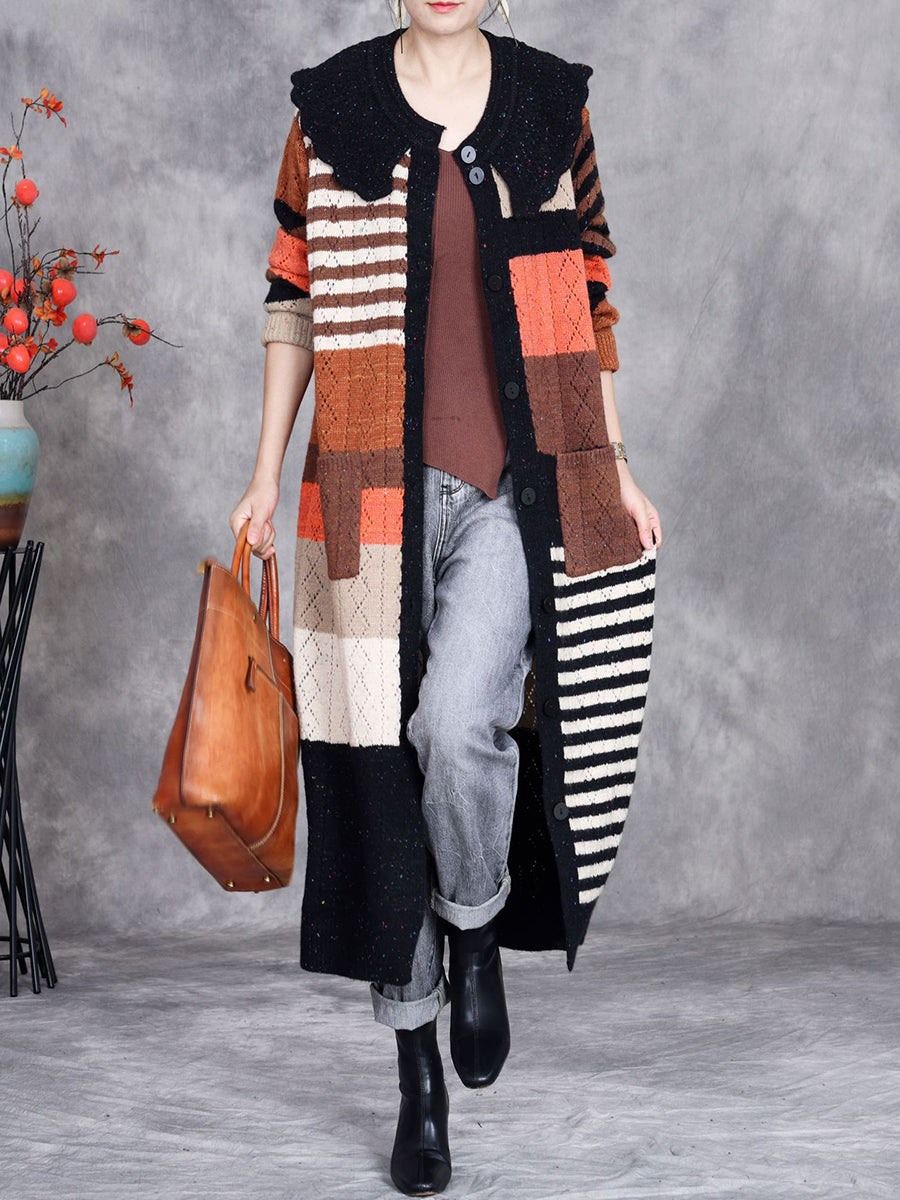 Women Autumn Artsy Colorblock Doll Collar Knit Cardigan Coat