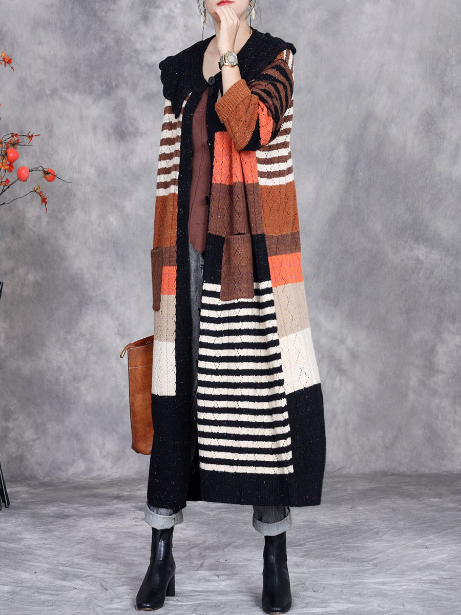 Women Autumn Artsy Colorblock Doll Collar Knit Cardigan Coat