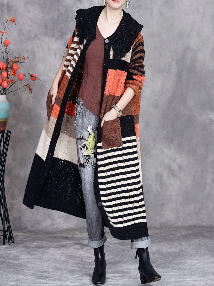 Women Autumn Artsy Colorblock Doll Collar Knit Cardigan Coat