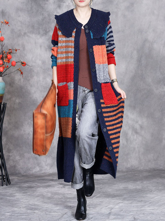 Women Autumn Artsy Colorblock Doll Collar Knit Cardigan Coat