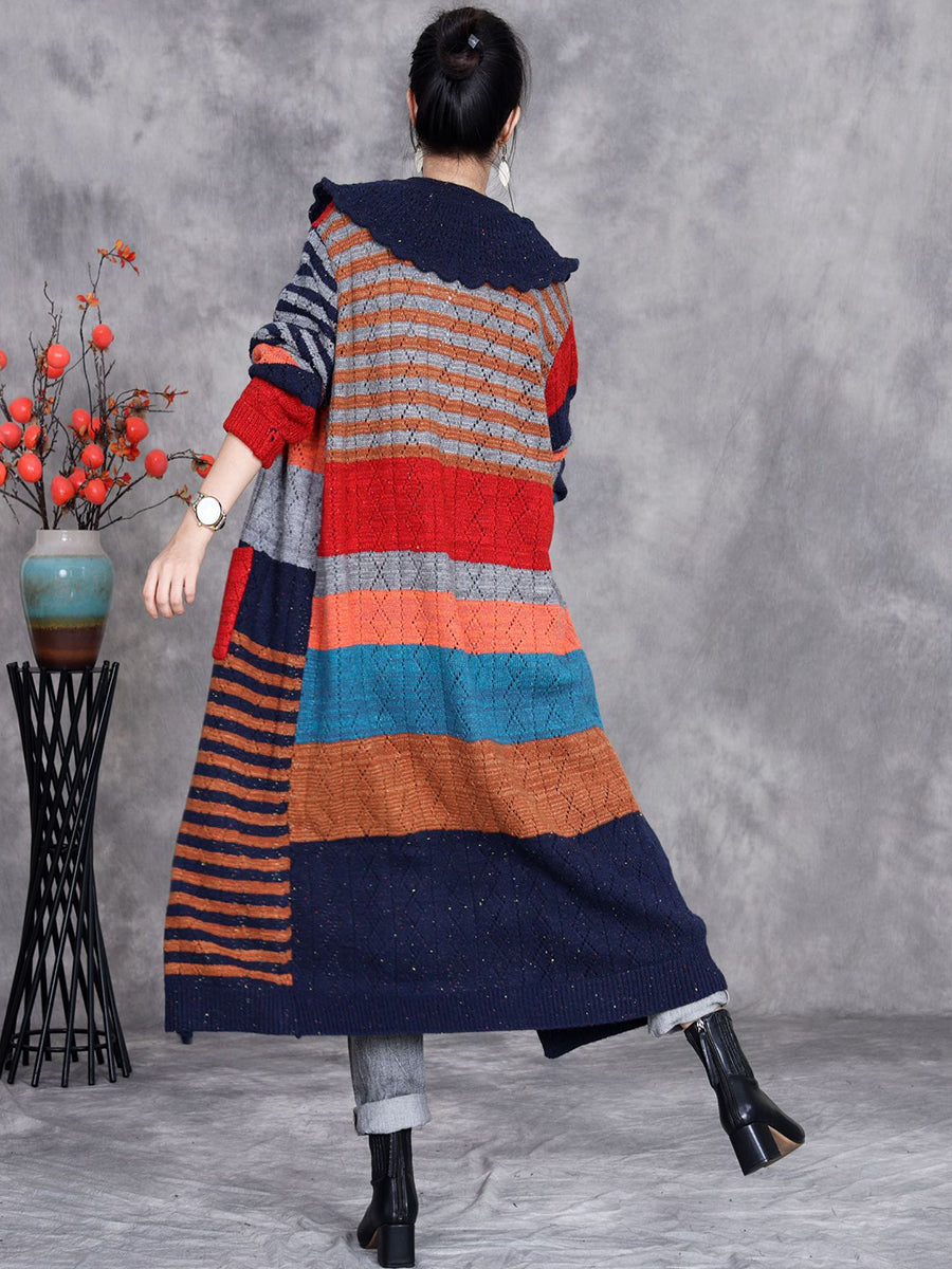 Women Autumn Artsy Colorblock Doll Collar Knit Cardigan Coat