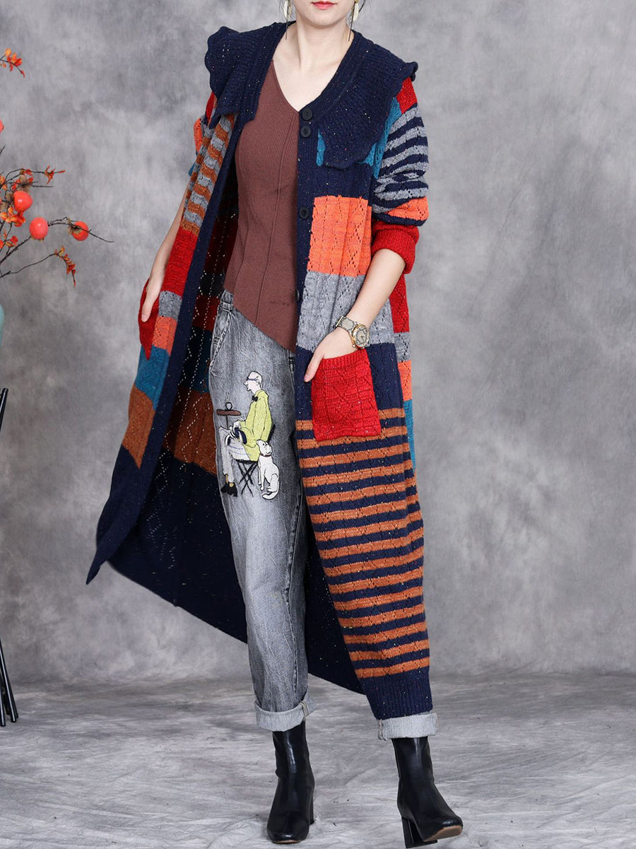 Women Autumn Artsy Colorblock Doll Collar Knit Cardigan Coat