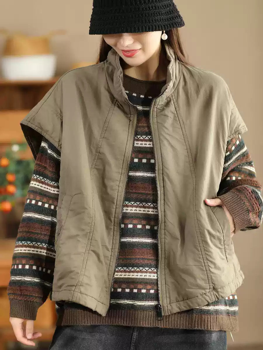 Women Retro Solid Stand Collar Cotton Vest Coat