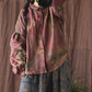 Women Vintage Flower Turn-down Collar Button Linen Shirt