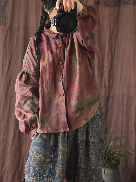 Women Vintage Flower Turn-down Collar Button Linen Shirt