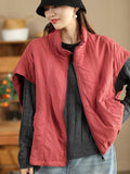 Women Retro Solid Stand Collar Cotton Vest Coat