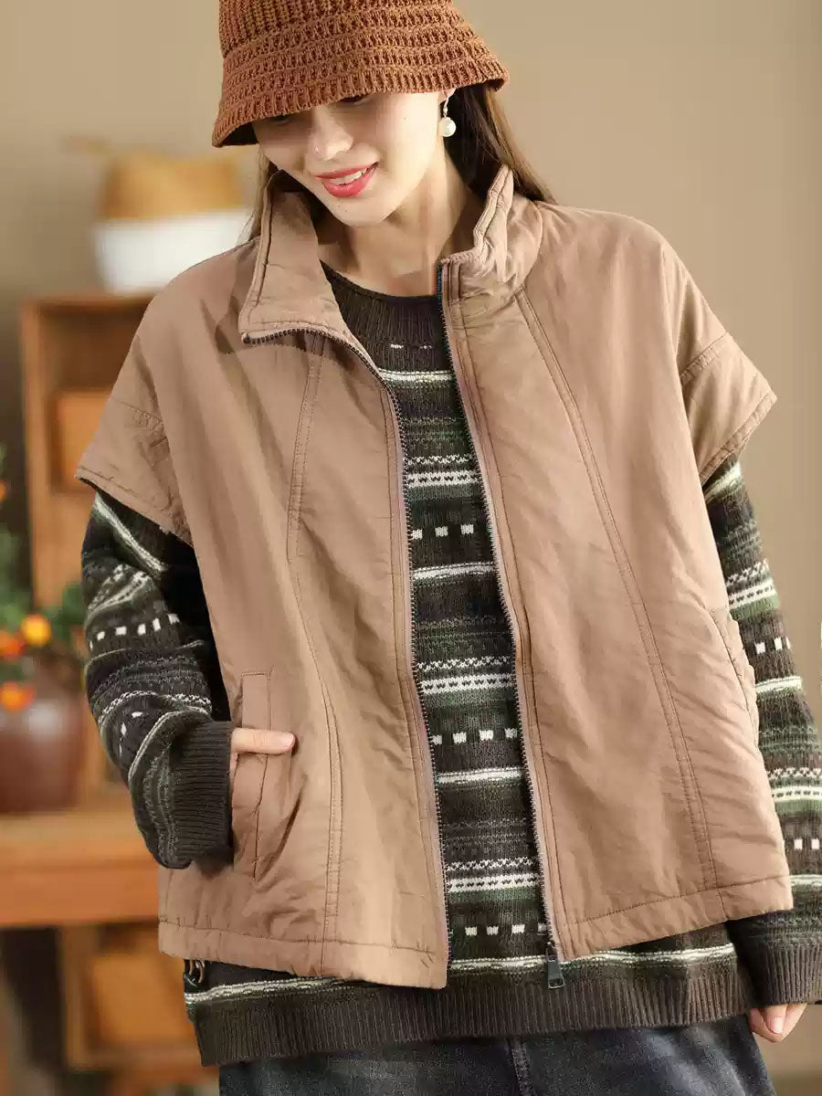 Women Retro Solid Stand Collar Cotton Vest Coat