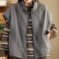 Women Retro Solid Stand Collar Cotton Vest Coat