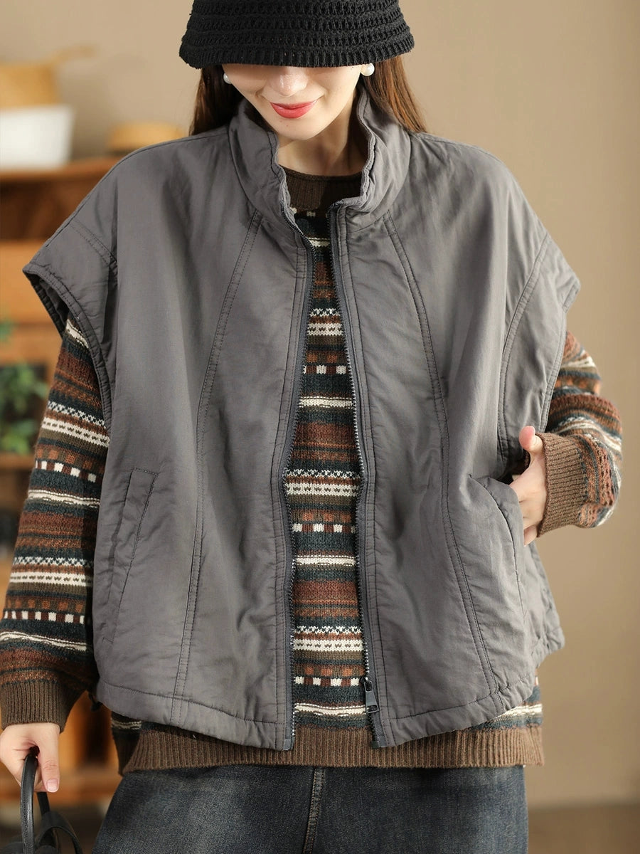 Women Retro Solid Stand Collar Cotton Vest Coat