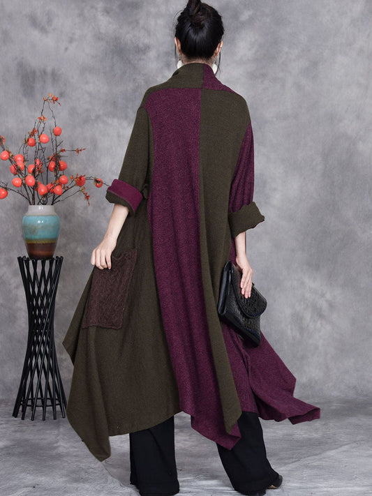 Women Autumn Artsy Irregular Colorblock V-Neck Cardigan Coat