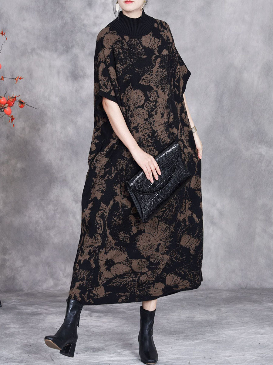 Women Autumn Artsy Flower Colorblock Half-Turtleneck Dress