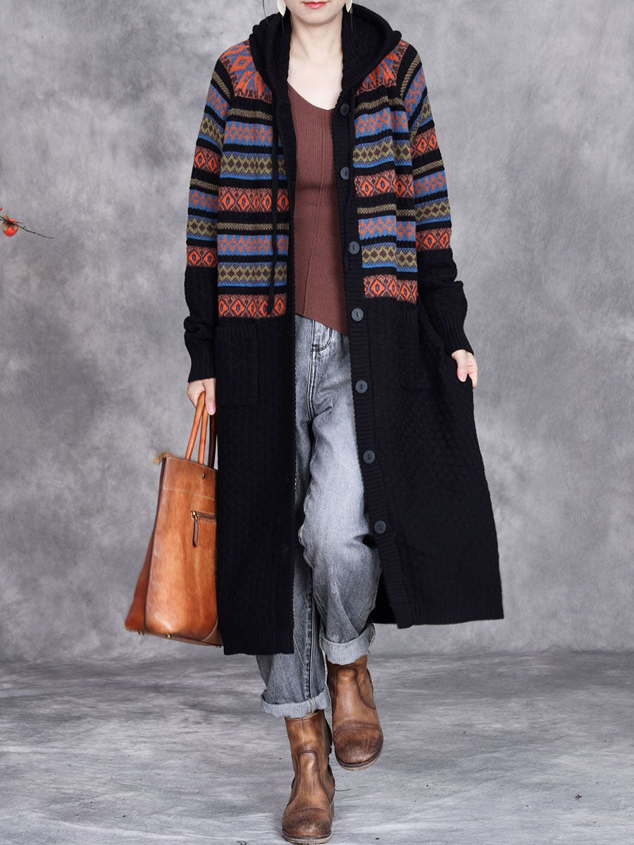 Women Autumn Artsy Stripe Hooded Knit Cardigan Coat